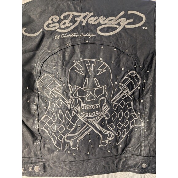 Ed Hardy by Christian Audigier Women's S Black Leather Jacket World Tour Skull - Picture 10 of 16